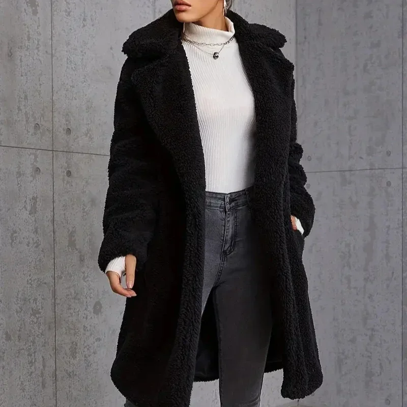 Elegant Lapel Plush Jacket for Women Chic Versatile Warm Solid Color Coat Durable Jackets with Slant Pockets for Fall/Winter