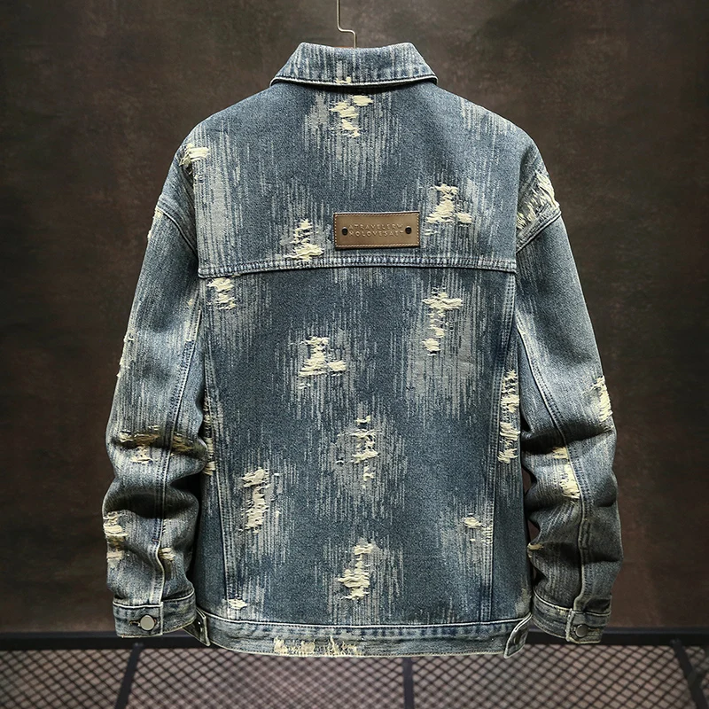 

Blue Vintage Worn Looking Washed-out Worn Denim Coat for Men 2024 New Fashion Trendy Loose Y2K Jacket