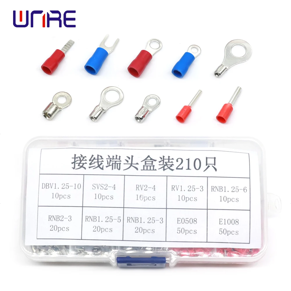 210pcs Boxed Crimp Terminal O Shaped Wire Connector OT RNB2-3 + E0508 Insulated Ferrules Terminal Block Cord End Wire Connector