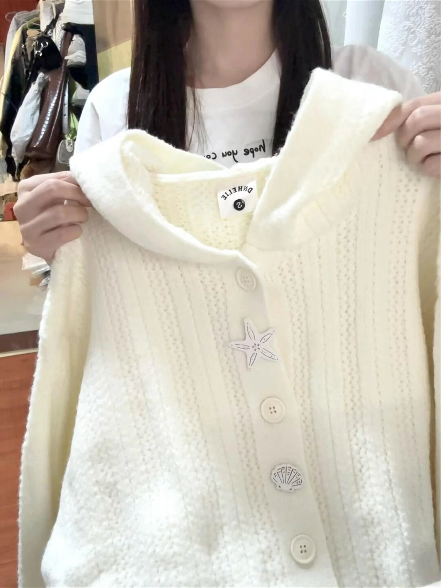 

Мягкий уютный белый вязаный кардиган для женщин, свободный свитшот в корейском стиле для ранней осени, с капюшоном, в стиле lazy, с завышенной талией