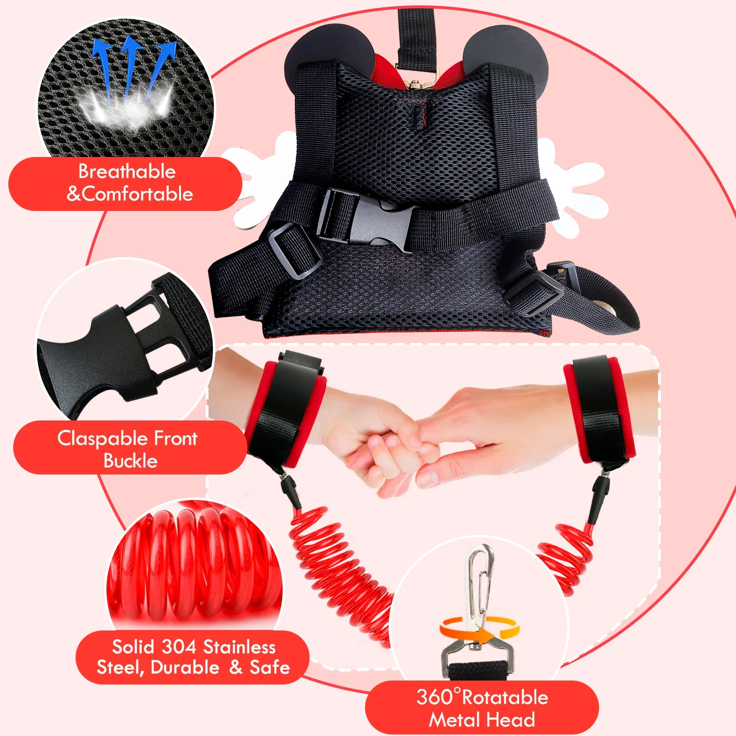 حزام مقود الأطفال الصغار، مجموعة 3 في 1 من المقاود للأطفال الصغار - مقود أطفال بطول 2 مترًا للأطفال الصغار ومقود معصم للأطفال