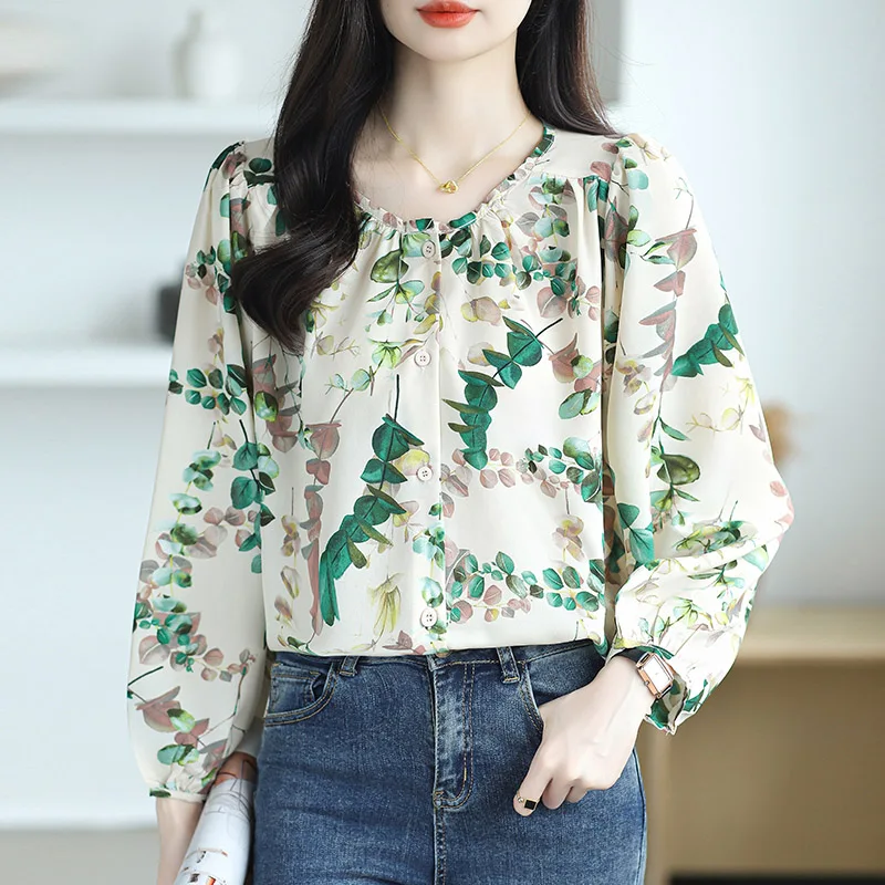 Women\'s Clothing Chic Print O-neck Long Sleeve Shirt Autumn Casual Loose All-match Chiffon Blouses Office Lady Elegant Sweet Top