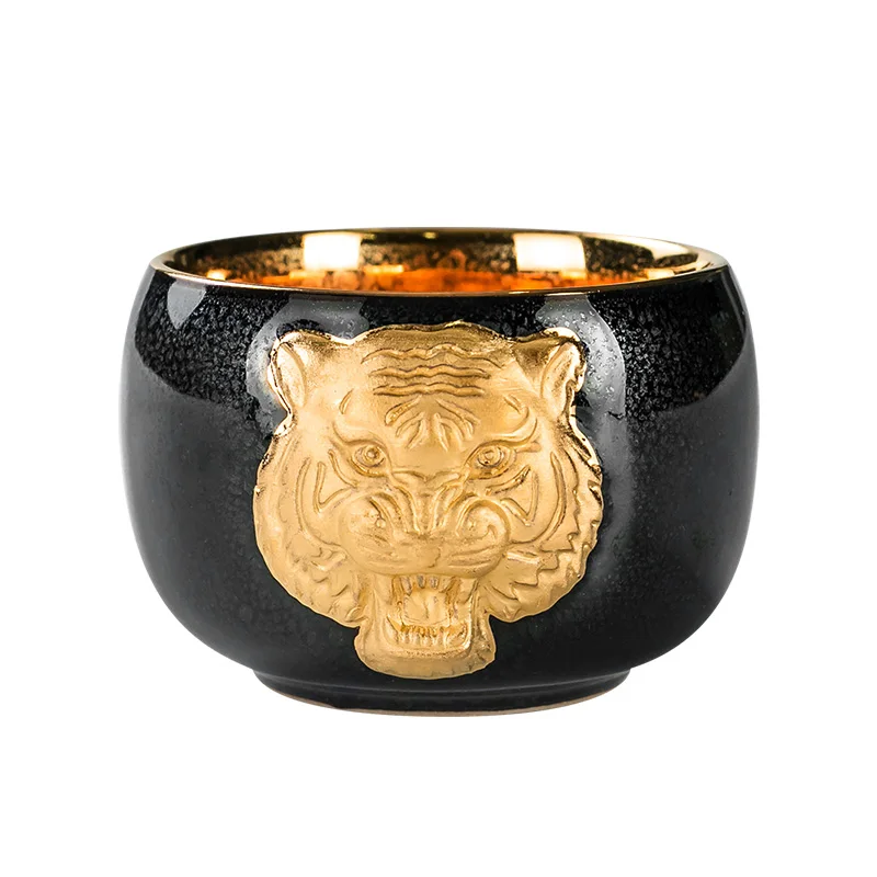 Tiger Year Zodiac Master Cup Gilding Temmoku Glaze Jian Zhan Teacup Embossed Gold Tea Cup Single Cup Gift