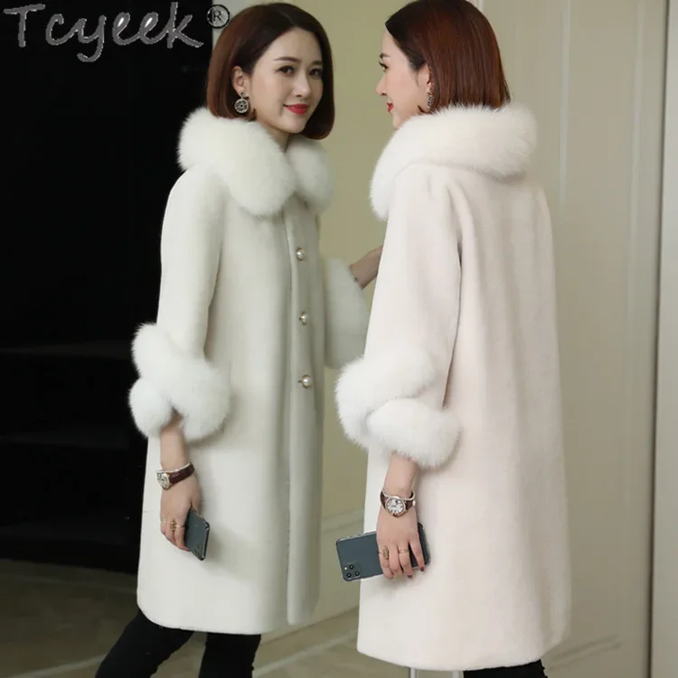 Tcyeek 100% Wool Coat Women Clothes Warm Fox Fur Collar Winter Women's Fur Jacket Mid-long Sheep Shearling Coats Пальто Женское