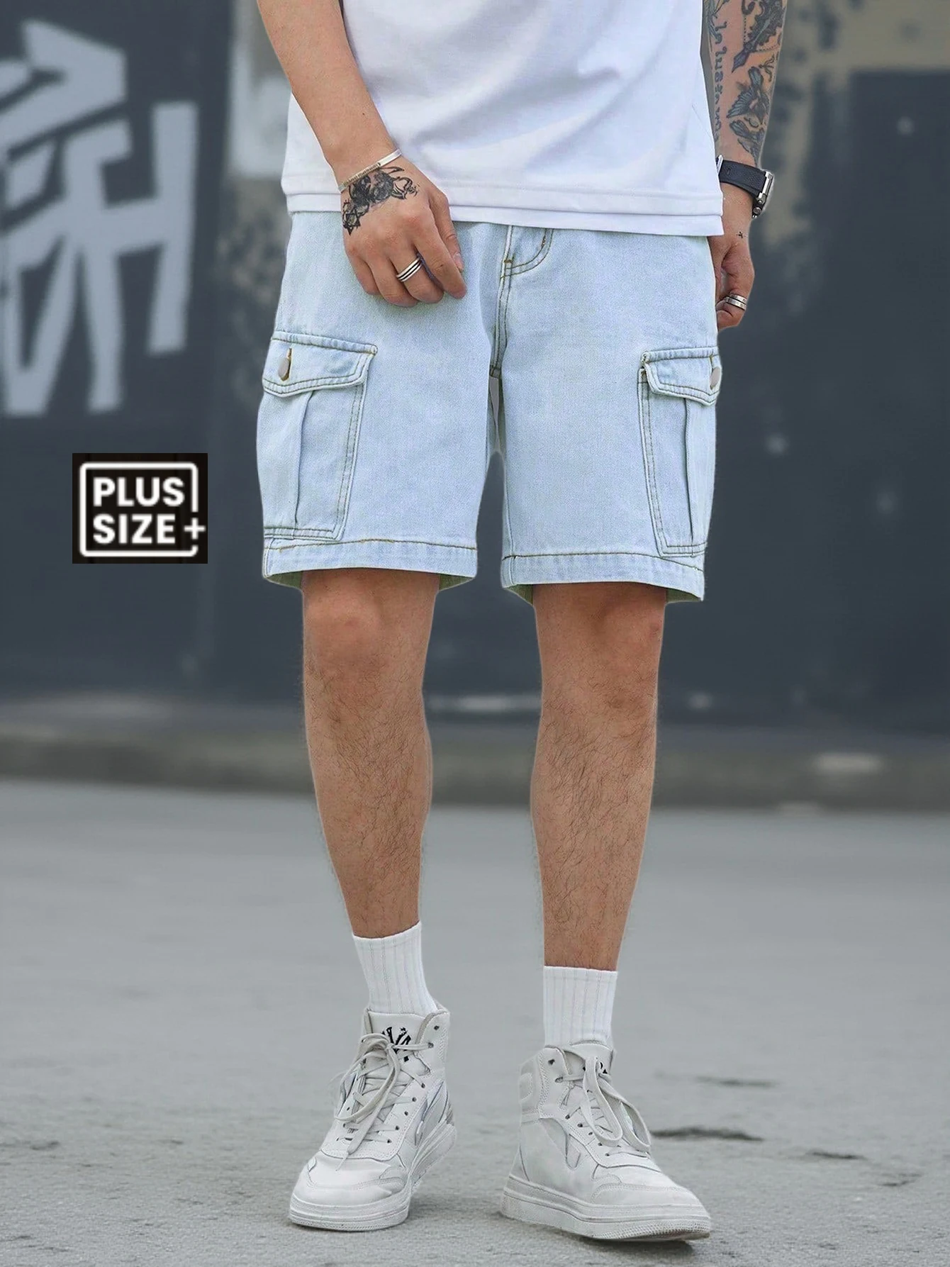 Plus Size Men's Vintage Washed Light Blue Cargo Denim Shorts, Loose Wide Leg Multi Pocket Casual Jean Shorts 2XL-6XL