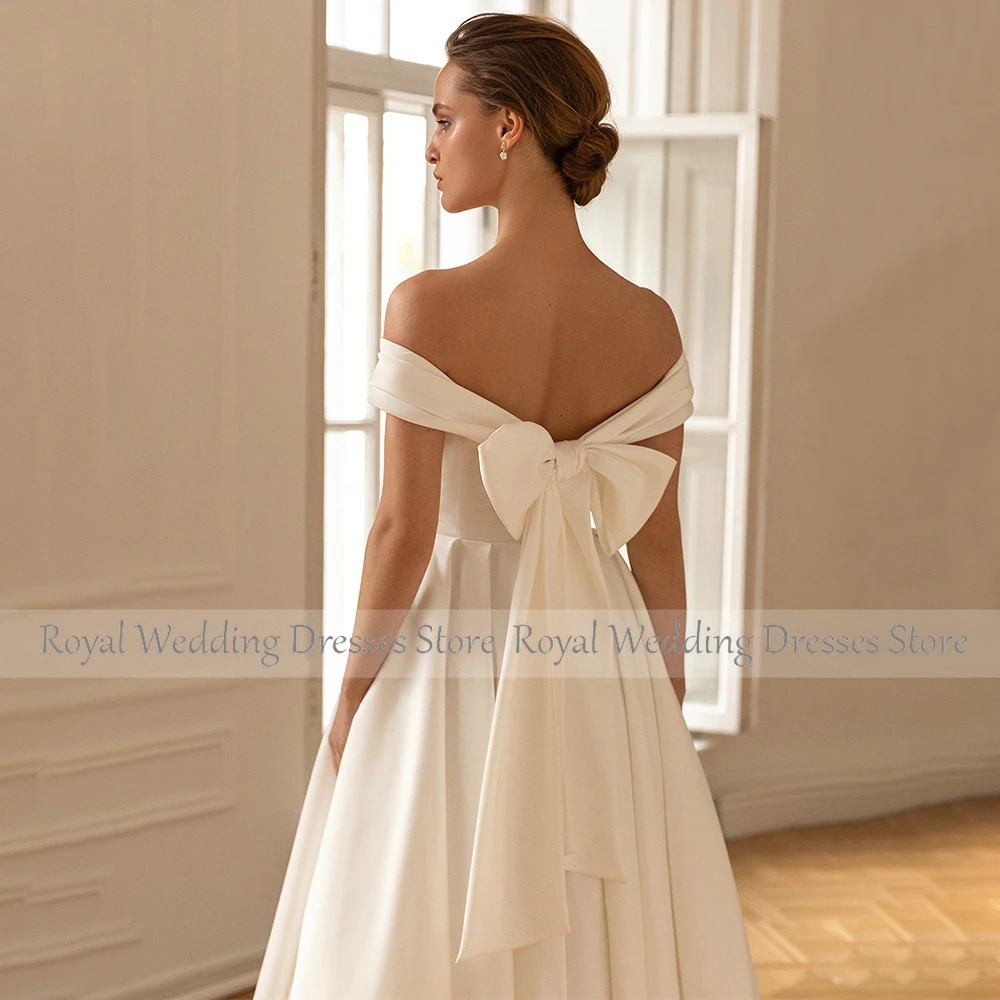 Midi Wedding Dresses Ivory Satin Off the Shoulder Princess  Gowns for Bride A Line Ankle Length Bow Short Bridal