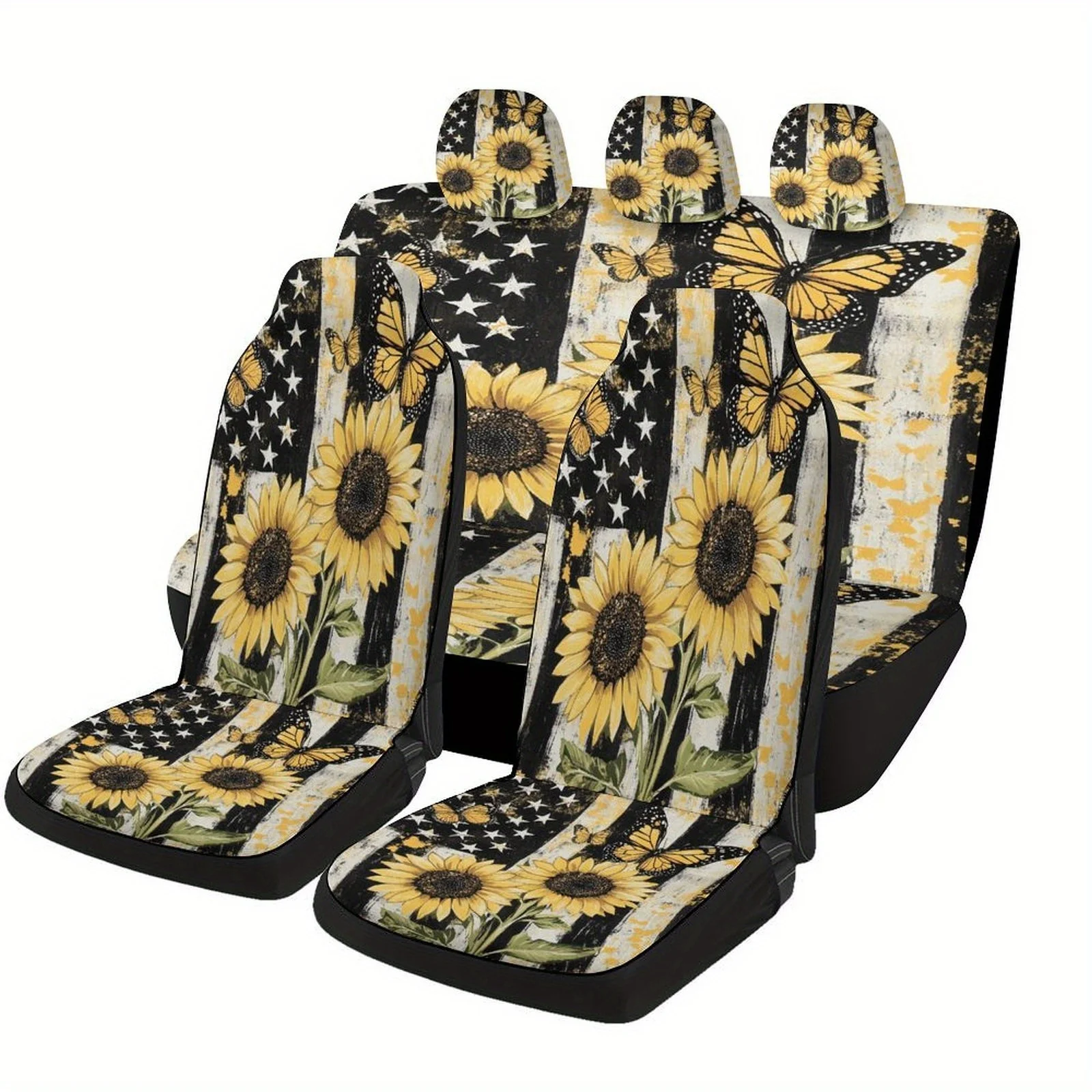 

Car Seat Cover Set Featuring Sunflowers And Butterflies With A USA Flag Design, Suitable For Most Vehicles. Stylish And Custom-M