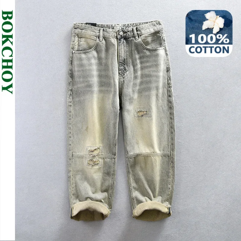 

Spring Autumn New 100% Cotton Retro Ripped Jeans Straight Loose Casual Streetwear Men Trousers AG7101