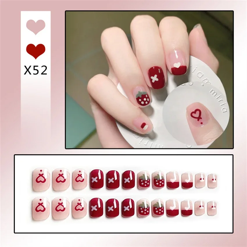 24Pcs/Set Cute Strawberry Wearing False Nails Removable Handmade Artificial Fake Nails French Stick Acrylic Press on Nail Tips