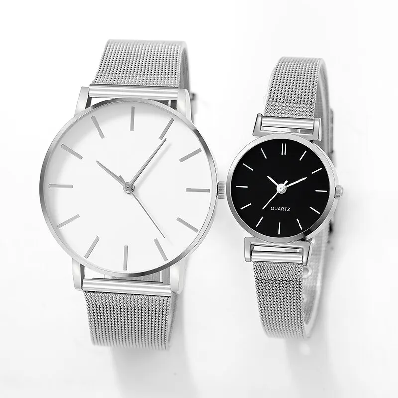 2pcs Stainless Steel Quartz Watches For Women Men Leisure Fashion Golden Ladies Clock Wristwatch