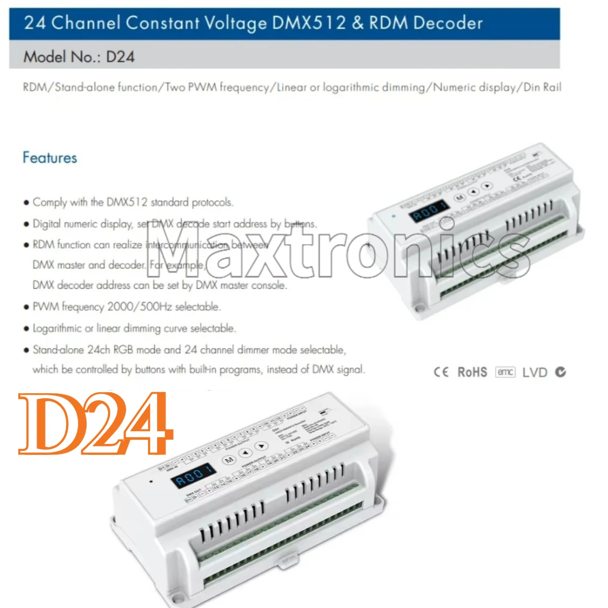 DC12V-24V 12/24 saluran DIN rel CV Led DMX dekoder Input 3A * 24CH 12CH * 5A RDM DMX512 Controller untuk RGB LED Strip Light Tape