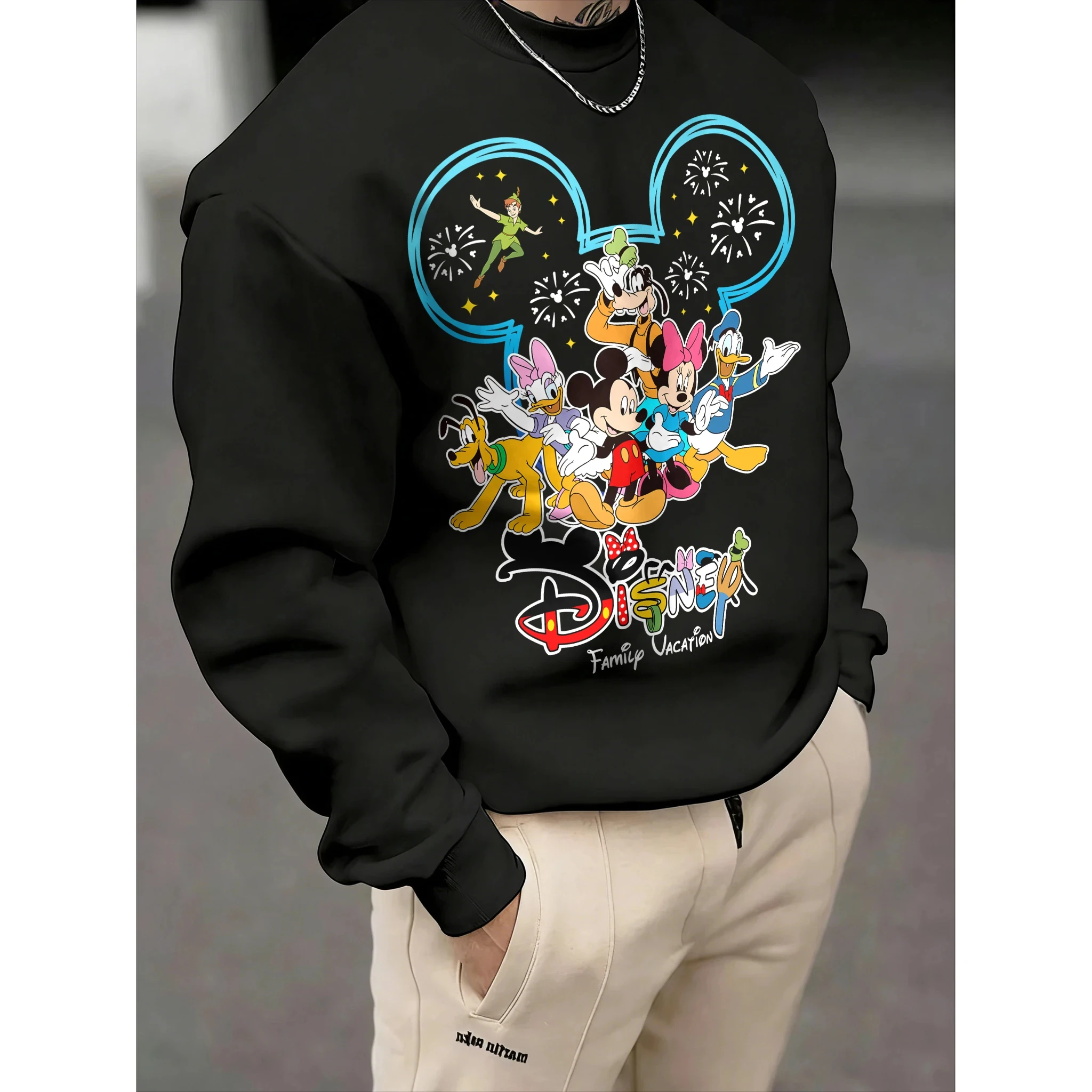 

Мужской свитер с круглым вырезом и принтом Микки Диснея, осень-зима 2026, модный, с начесом, из хлопка, теплый, свободный, повседневный