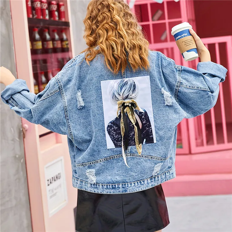 Korean Frayed Burrs Holes Denim Jacket Women Loose Casual Patched Print Lapel Batwing Sleeve Autumn Women Jeans Jacket Streetwea