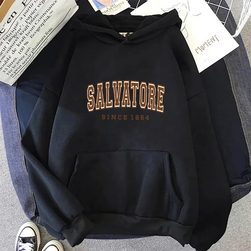 Salvatore Since 1864 Printed Kangaroo Pocket Hoodie Vampire Diaries Jumper Vintage Crewneck Fans Sweatshirt  Aesthetic Clothes
