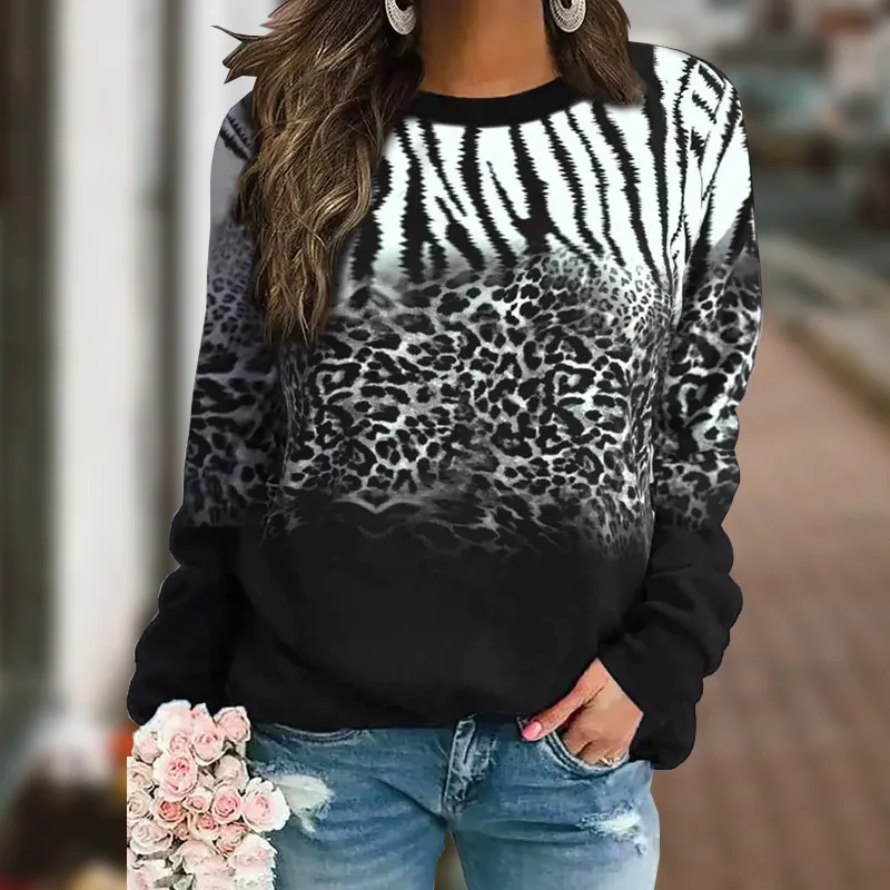 

Women's New Casual Long-sleeved Tops Zebra Pattern Gradient Print Round Neck Sweatshirt