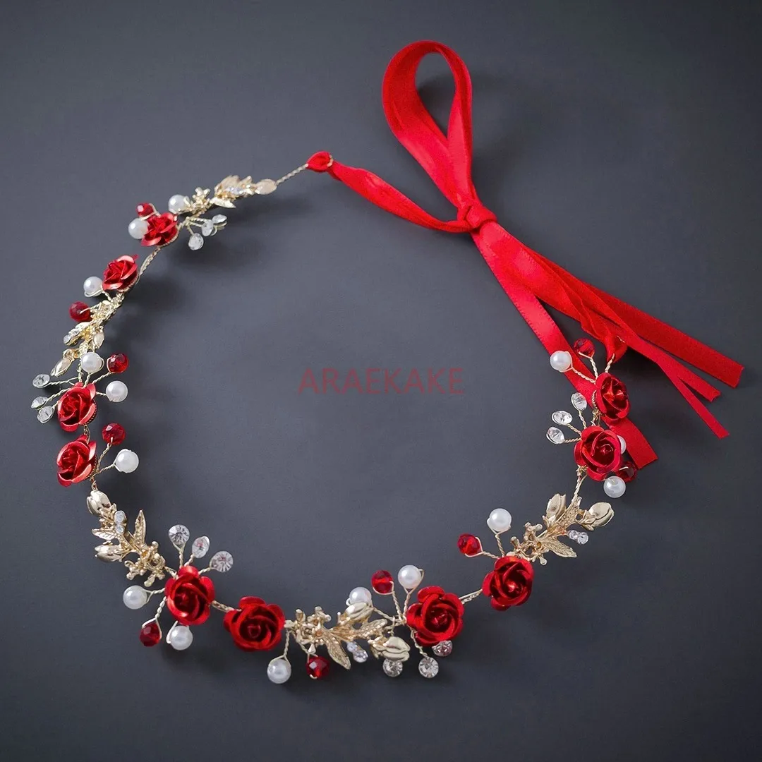 

New Red Flower Gold Ear Clip Lace Headpiece Handmade Beaded Head Wreath for Bridal Wedding Accessories