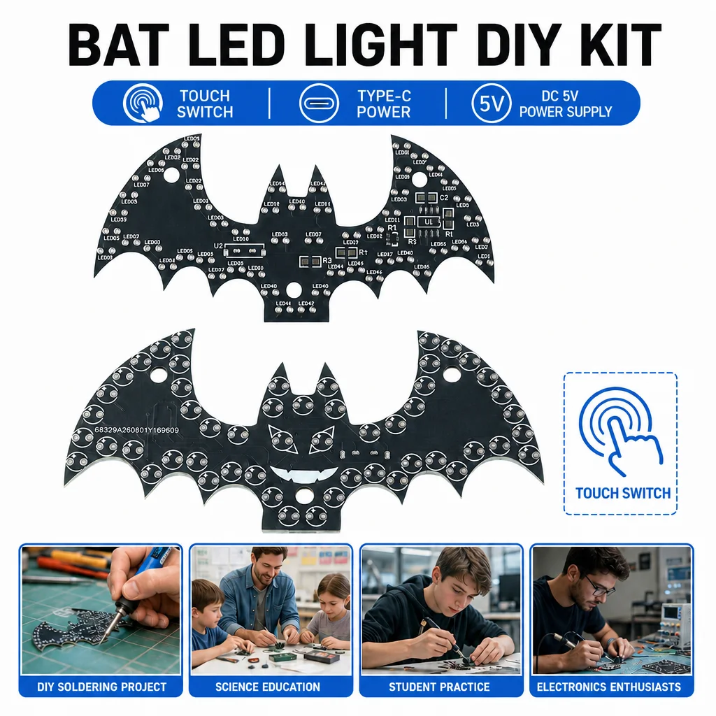 Touch Control Bat LED Soldering Practice Kit DIY Electronic Loose Parts Type C Power Supply For Student Handmade Project