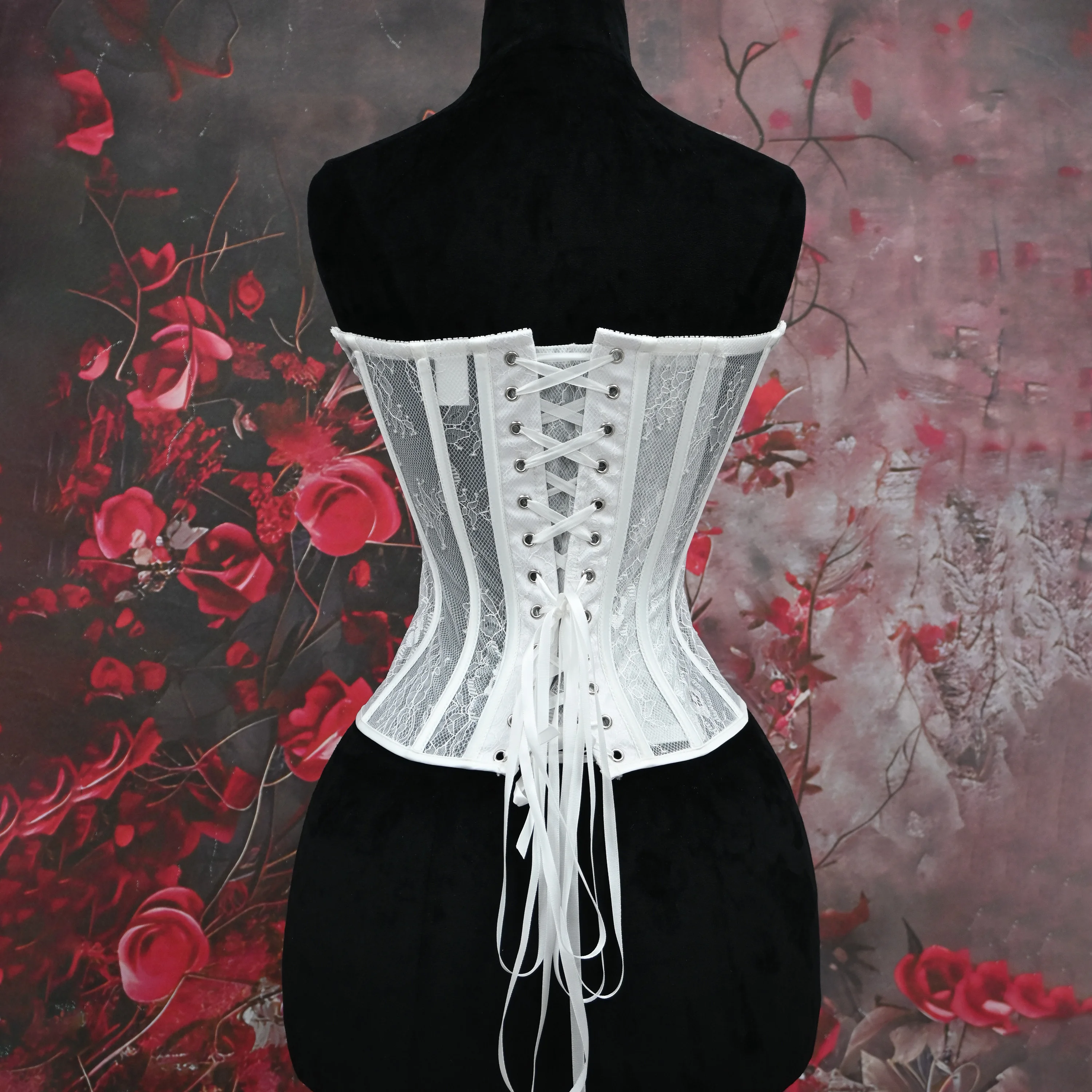 Women's Elegant Back Lacing Corset Top Lace Net Fashionable Large Peony Print Corset Adjustable Straps Corset Top