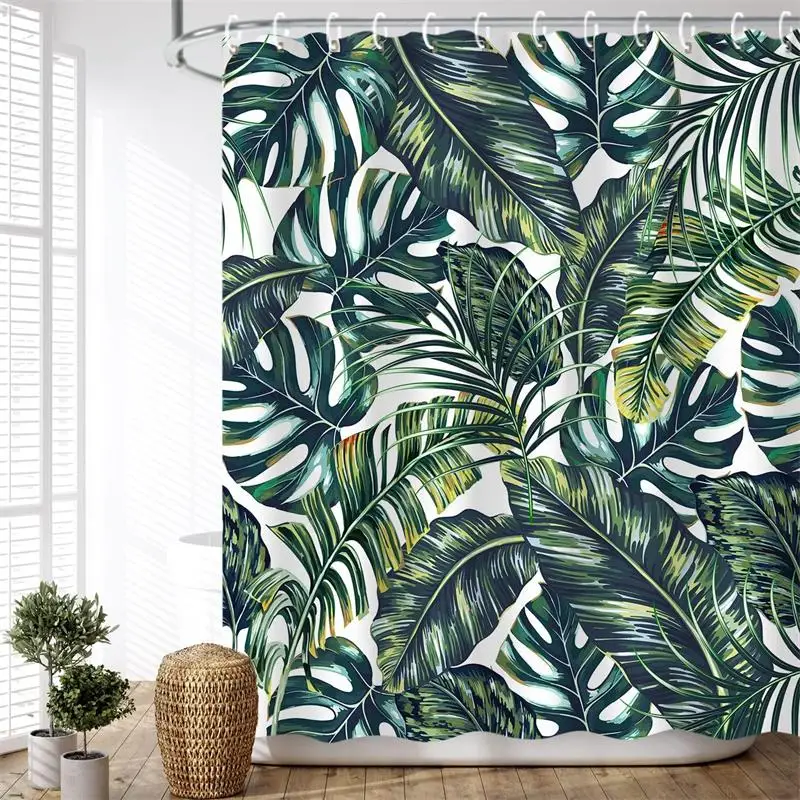 Tropical Leaves Shower Curtain Green Monstera Palm Leaf Parrot Jungle Animals Watercolour Art Cloth Bathroom Curtains Decoration