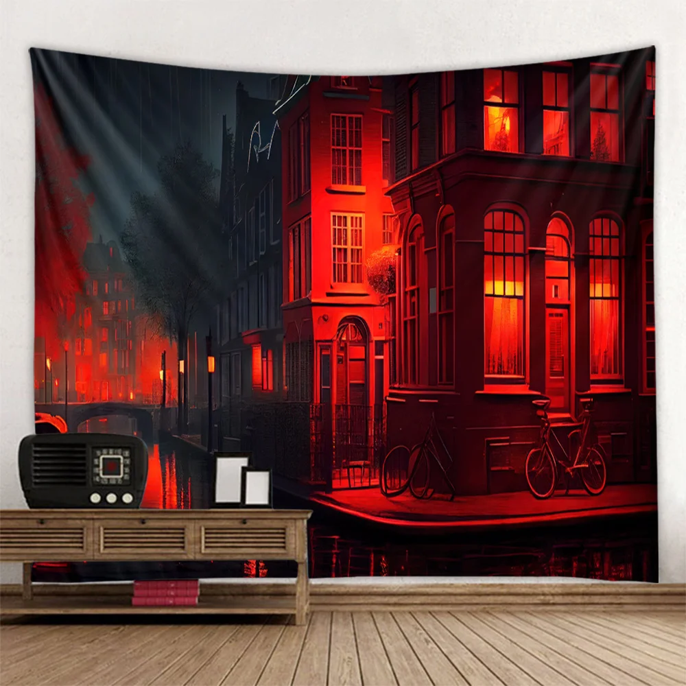 Psychedelic Night City Street Scene Tapestry Mysterious Background Wall Hanging Fabric Mural for Home Studio Decoration