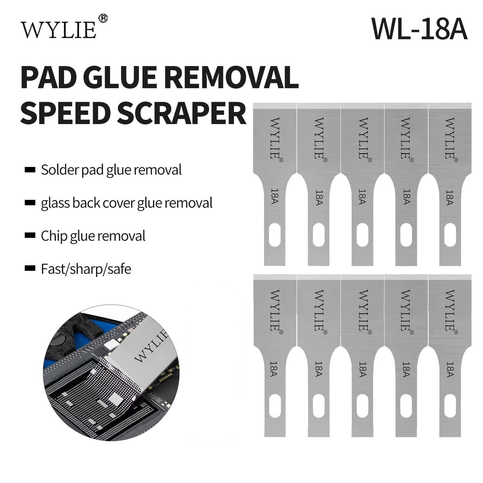 

WYLIE WL-18A Средство для удаления клея с паяльной подушечки Быстрый скребок 200 шт. Для ремонта мобильных телефонов Инструменты для удаления клея со стеклянной задней крышкой процессора