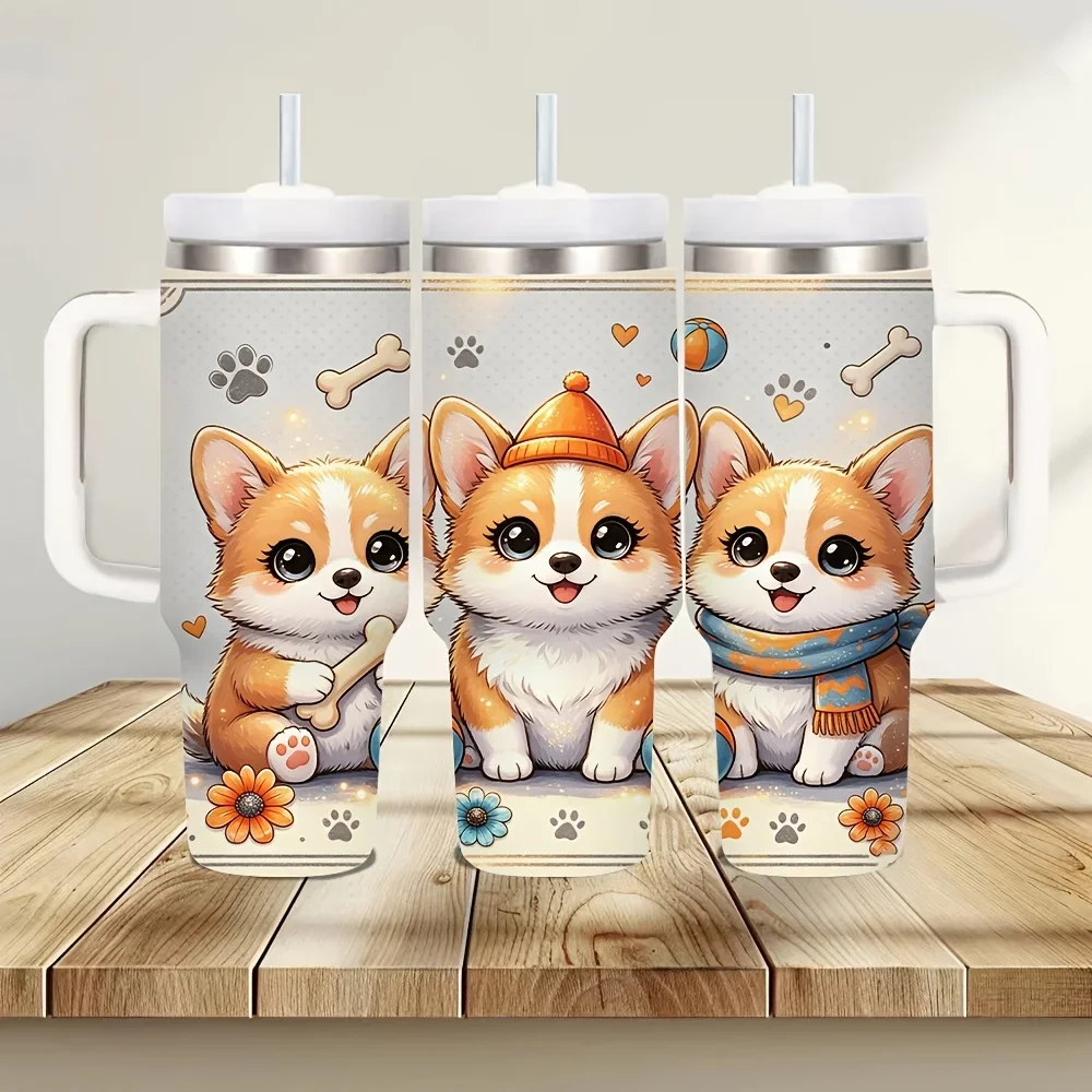 40Oz Insulated Tumbler with Handle, Cute Cartoon Corgi Print, Suitable for Dog Lovers, Fits Hot And Cold Drinks, Keeps Temperature, Ideal for Daily Use And Outdoor Outings