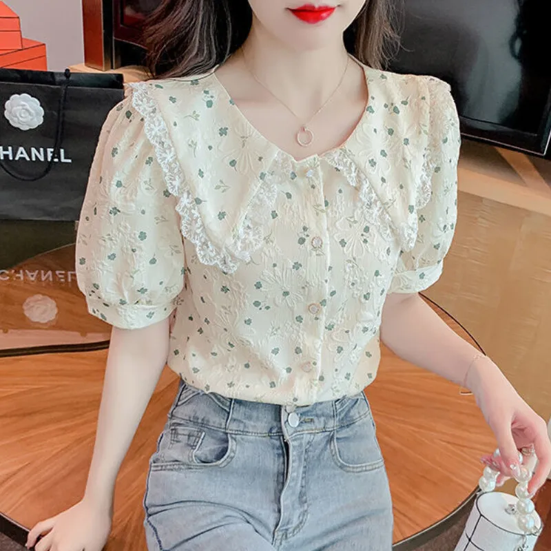 Floral Shirt Korean Style Fashion Women Blouse New Design 2024 Summer Short Sleeve Elegant Chiffon Tops