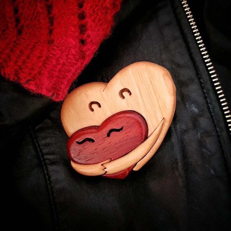 A Hug From My Heart For You Handmade Wood Carvings Loving Hearts Wood Intarsia Pinback Button Heart Shaped Accessories