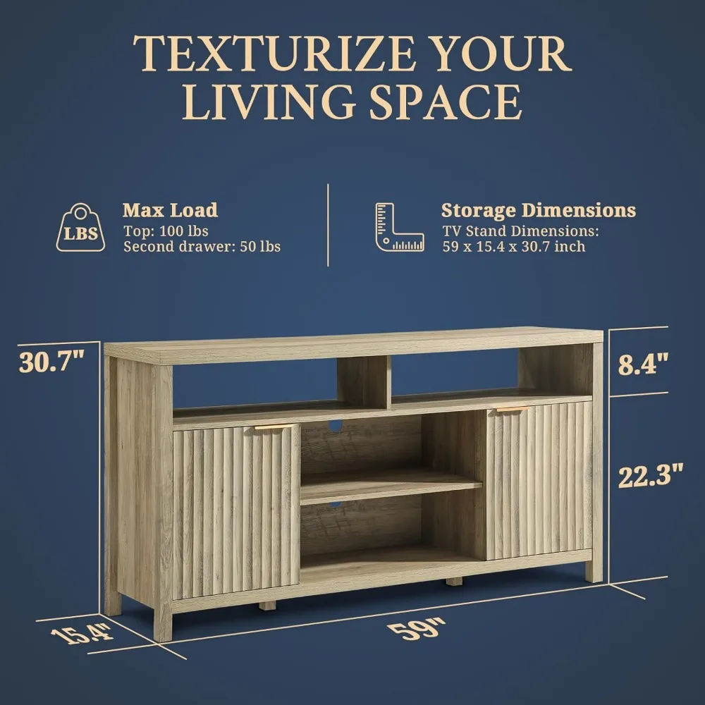 حامل تلفزيون عالي التحمل حديث لمنتصف القرن مع مساحة تخزين لغرفة المعيشة، مركز ترفيه طويل القامة مخدد للتلفزيونات مقاس 50 بوصة