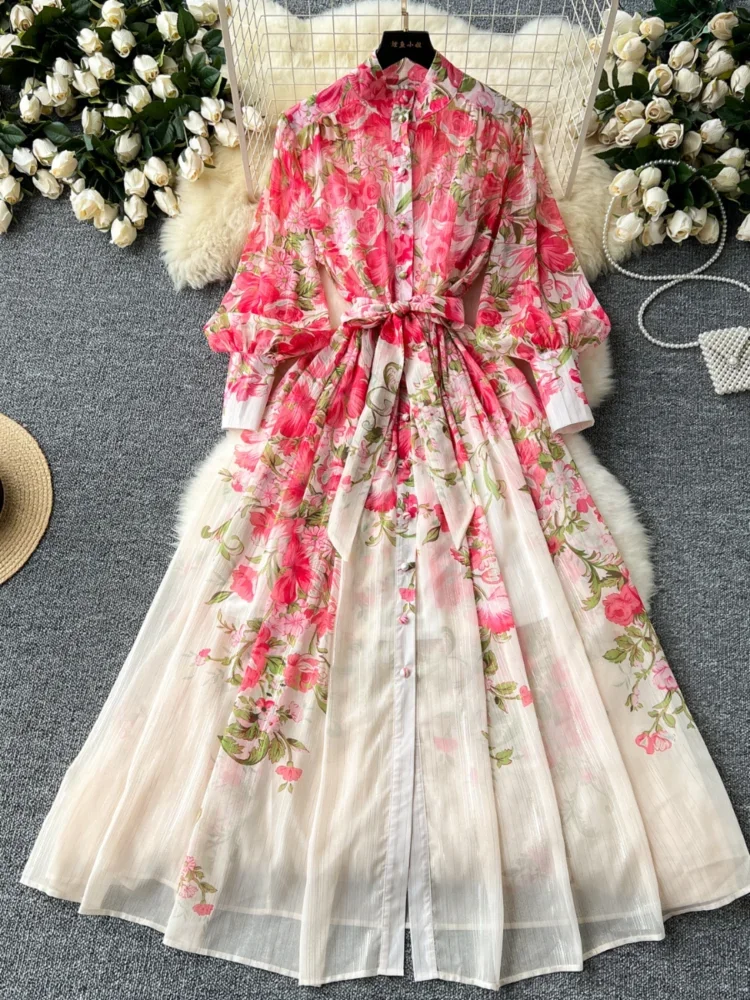 

Women Chiffon Printed Dress Spring Autumn Standing Collar Long Sleeved Vintage Party Dresses Ladies French Floral Long Robe