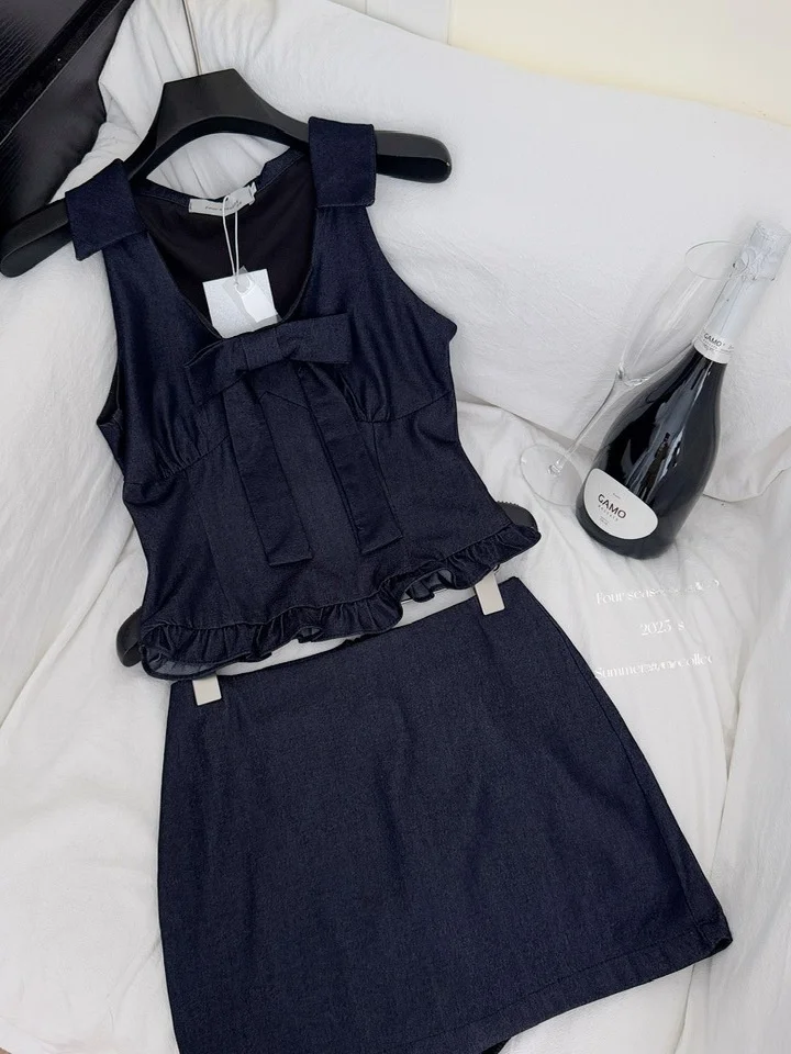 Pure Desire Conjunto f de verão com nó borboleta, gola pendurada, sem mangas, cintura alta, bodycon, meia saia, conjun...