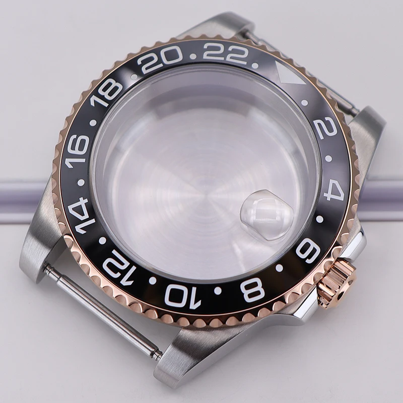 Silver And Rose Gold 40mm Watch Case Sapphire Crystal Glass for Seiko Nh35/34/36 Eta 2824 Miyota 8215 Movement 28.5mm GMT Bezel