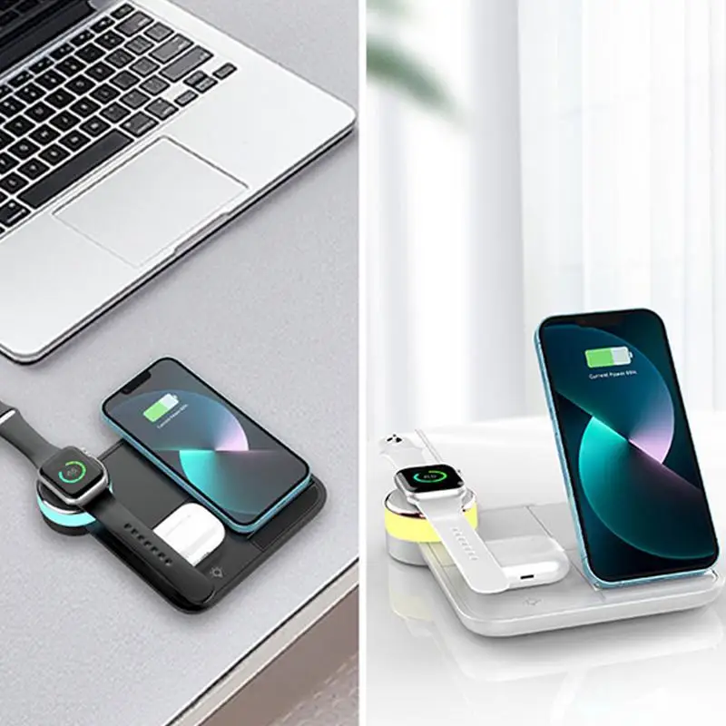 4 In 1 Phone Charger Station Foldable 15W Fast Wireless Charger Stand Cell Phone Tablet Watch Charger With Light For Outdoor