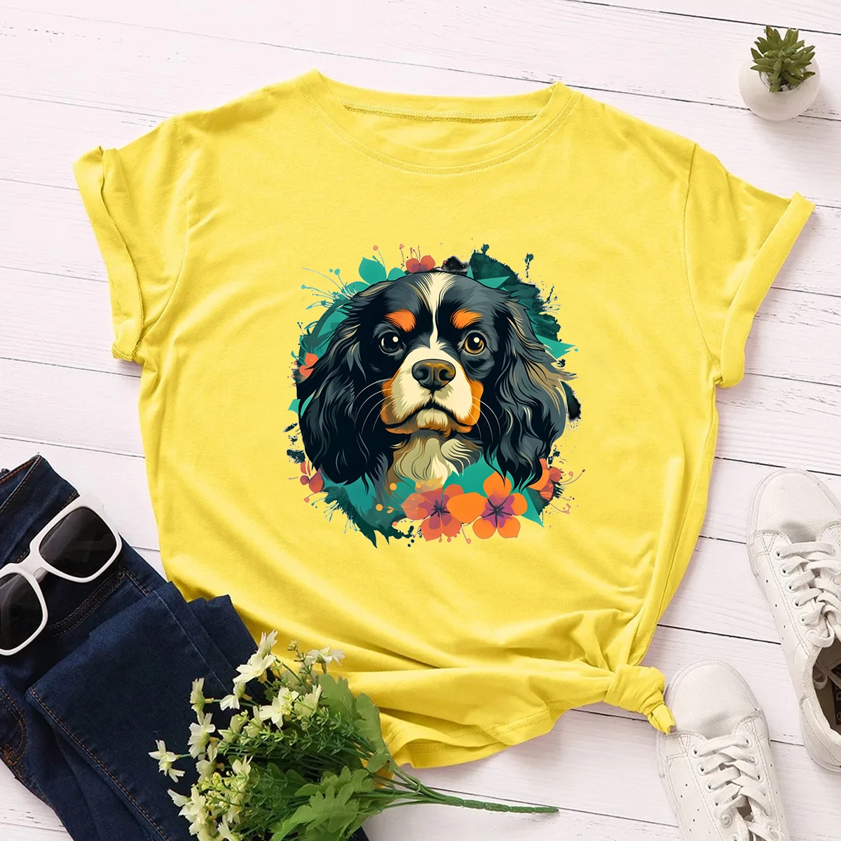 Cavalier King Charles Spaniels Mini Dog Breed Tan Puppy Graphic Print Femme Tshirt Summer Casual Womens T-Shirt Yellow Shirt Top