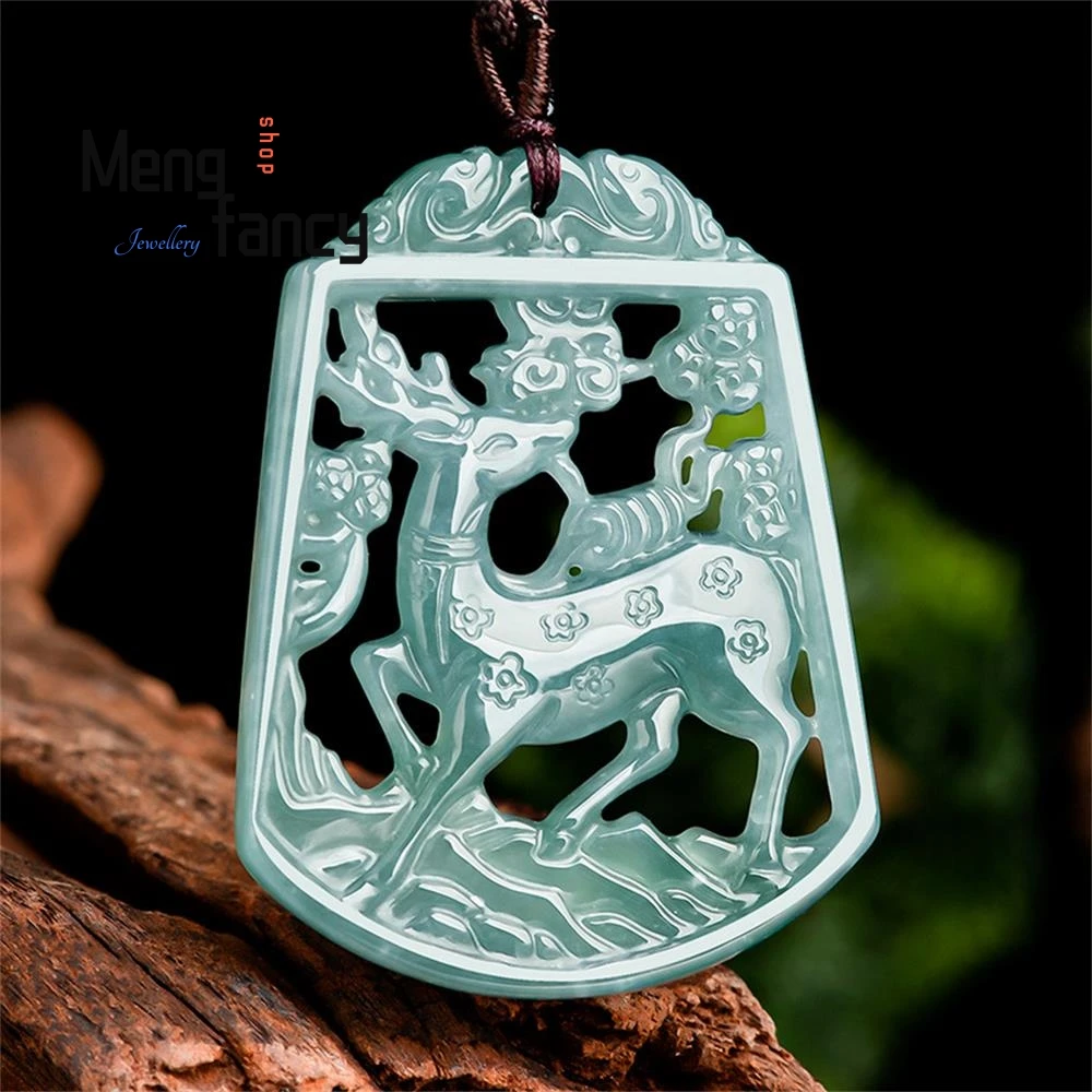 

Natural A-goods Jadeite Blue Water Treading Snow Plum Blossom Deer Jade Pendant Ethnic Flavor Exquisite Luxury Quality Jewelry