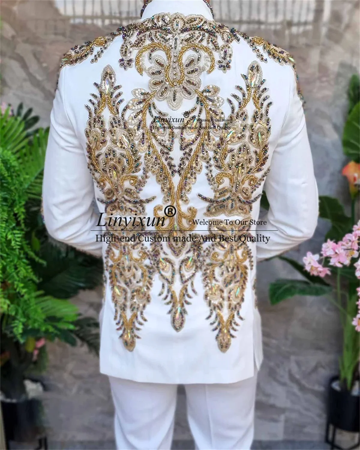 Gold Beaded Crystals Men Suits Appliques Lace Sequins Groom Tuxedos 3 Pieces Sets Party Male Prom Blazers Wedding Costume Homme