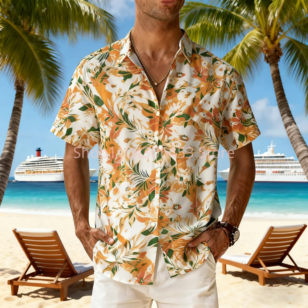 

New Men's 8-color Natural Color Flowers 3D Printed Short-sleeved Lapel Hawaiian Beach Party Light Breathable Casual Shirt Top