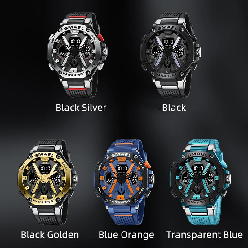 SMAEL Sport Watches Male Clock Digital LED Display Quartz Analog Stopwatch Fashion Blue Orange Clock Waterproof Men Watch