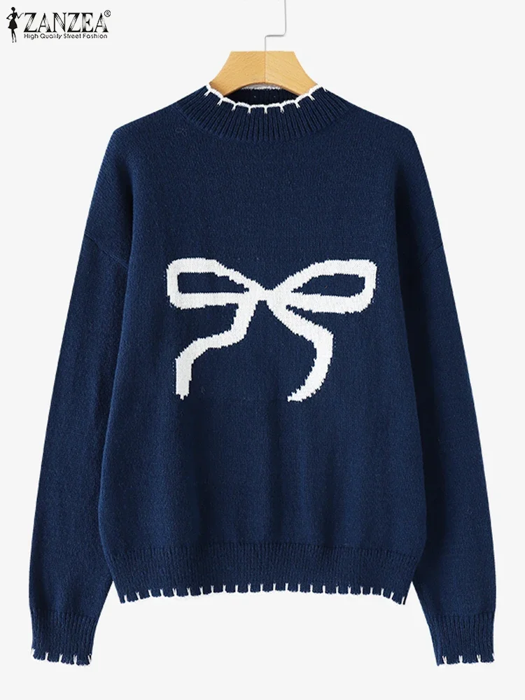 ZANZEA سترات نسائية بأكمام طويلة لخريف 2025 بياقة واقفة بلوفرات محبوكة مطبوعة بفيونكة غير رسمية سترات شتوية كبيرة الحجم