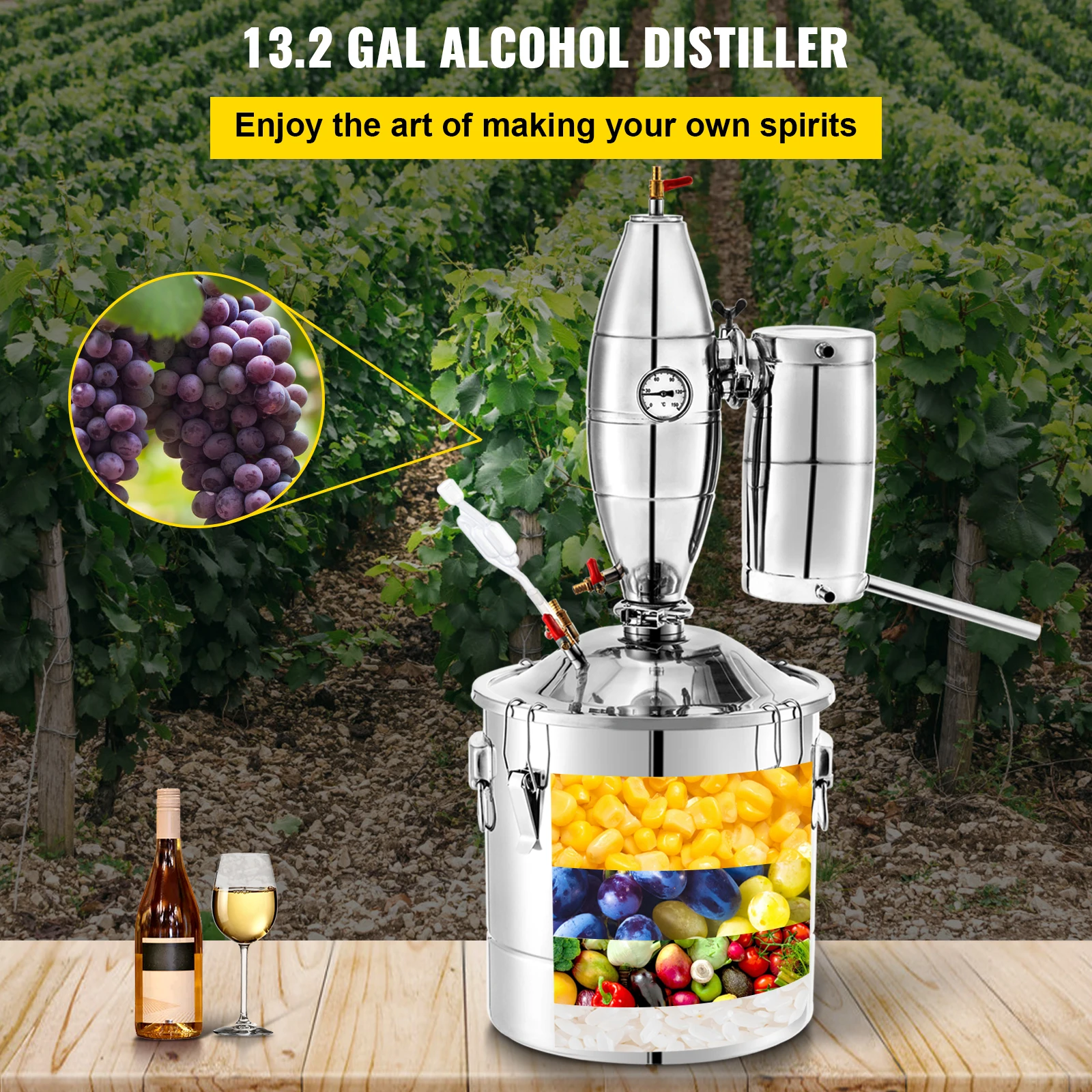 VEVOR 50L Water Alcohol Distiller 304 Stainless Steel Alcohol Still Wine Making Boiler Home Kit w/Thermometer for Whiskey Brandy