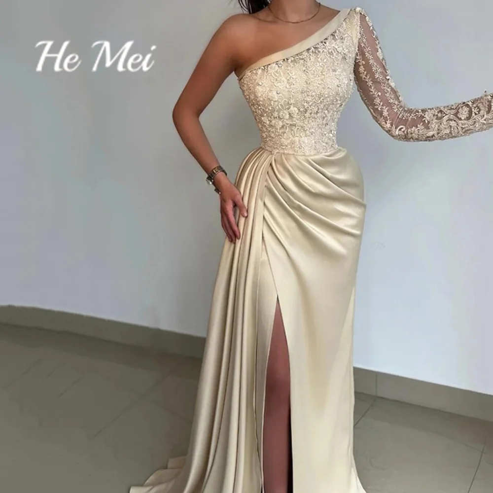 Sexy Prom Dress For Women One Shoulder High Split Evening Gowns Sheath Lace Floor Length Party Dresses فساتين السهرة