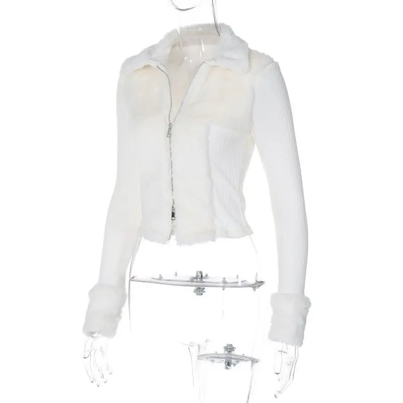 White Fluffy Splicing POLO Collar Two-way Zipper Knitted Sweater Autumn and Winter Slim and Thin Short