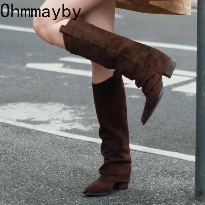 Designer Vintage Women Western Knee High Boots Fashion Pointed Toe Long Booties Autumn Winter Thick Heels Ladies Shoes