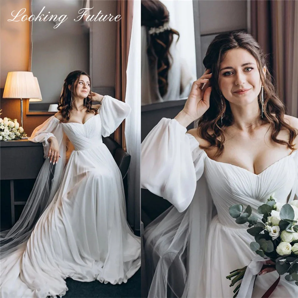 Chiffon von der Schulter Brautkleid 2024 Boho V-Ausschnitt lange Laterne Ärmel A-Linie Strand elegante Brautkleider Vestidos de Novia