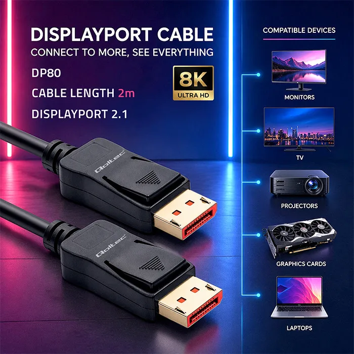 Qoltec DisplayPort v2.1 mannelijk | DisplayPort v2.1 mannelijk | 8K | 54G | 2m