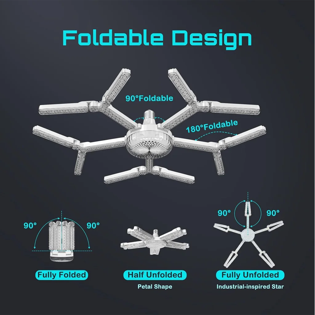 E27 LED Garage Light Snowflake Crystal Design Folding Ceiling Light with Adjustable Panels 6500K Shop Light for Garage Gym