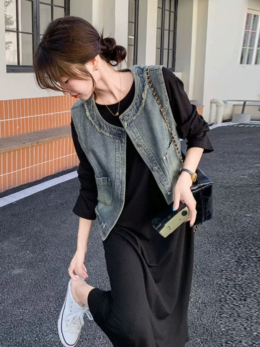 Retro Distressed Denim Vest Jacket Women's Spring Summer Autumn Versatile Age-reducing Layering Sleeveless Vest Tops