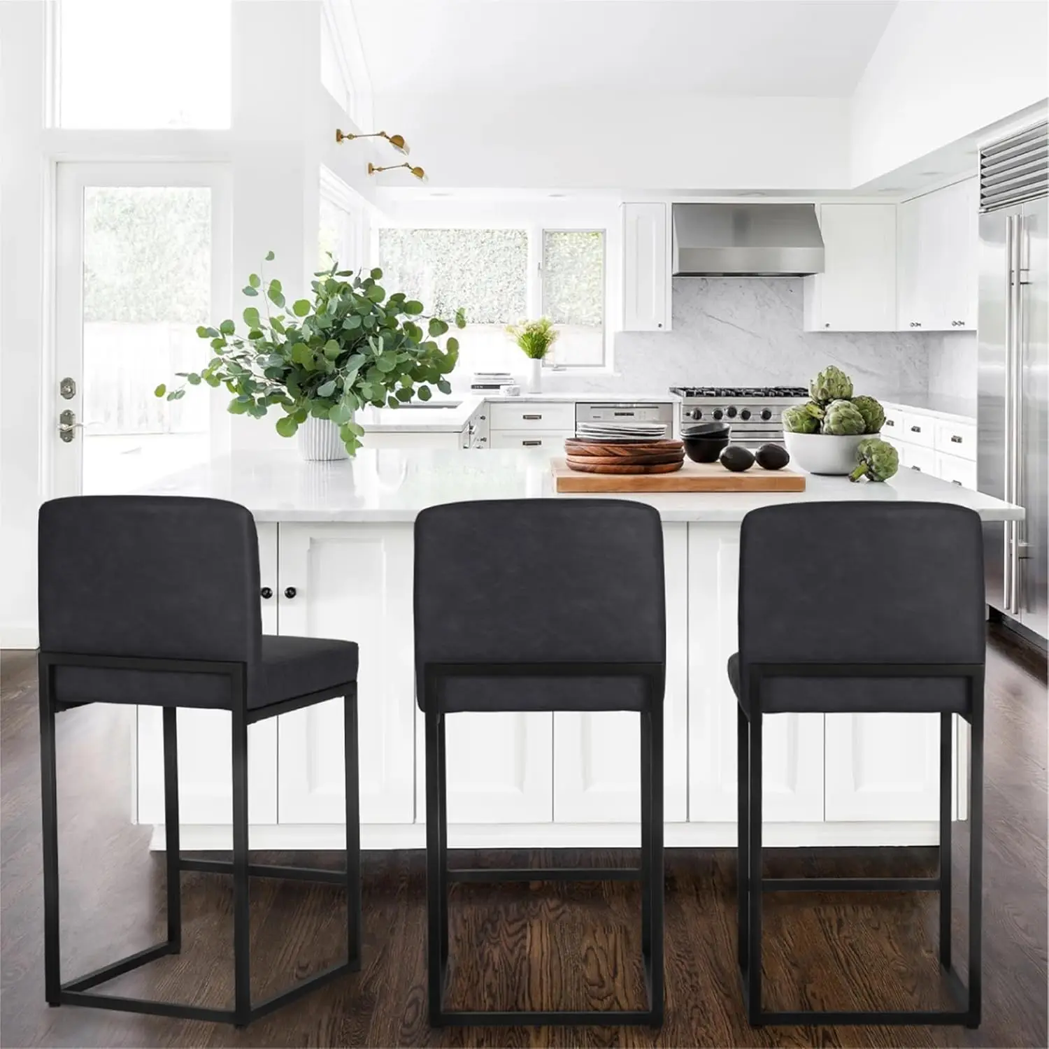 Black  Stools Set of 4 - Counter Height 24''  Stool Pu Leather Kitchen Modern Chairs, Stools with Back