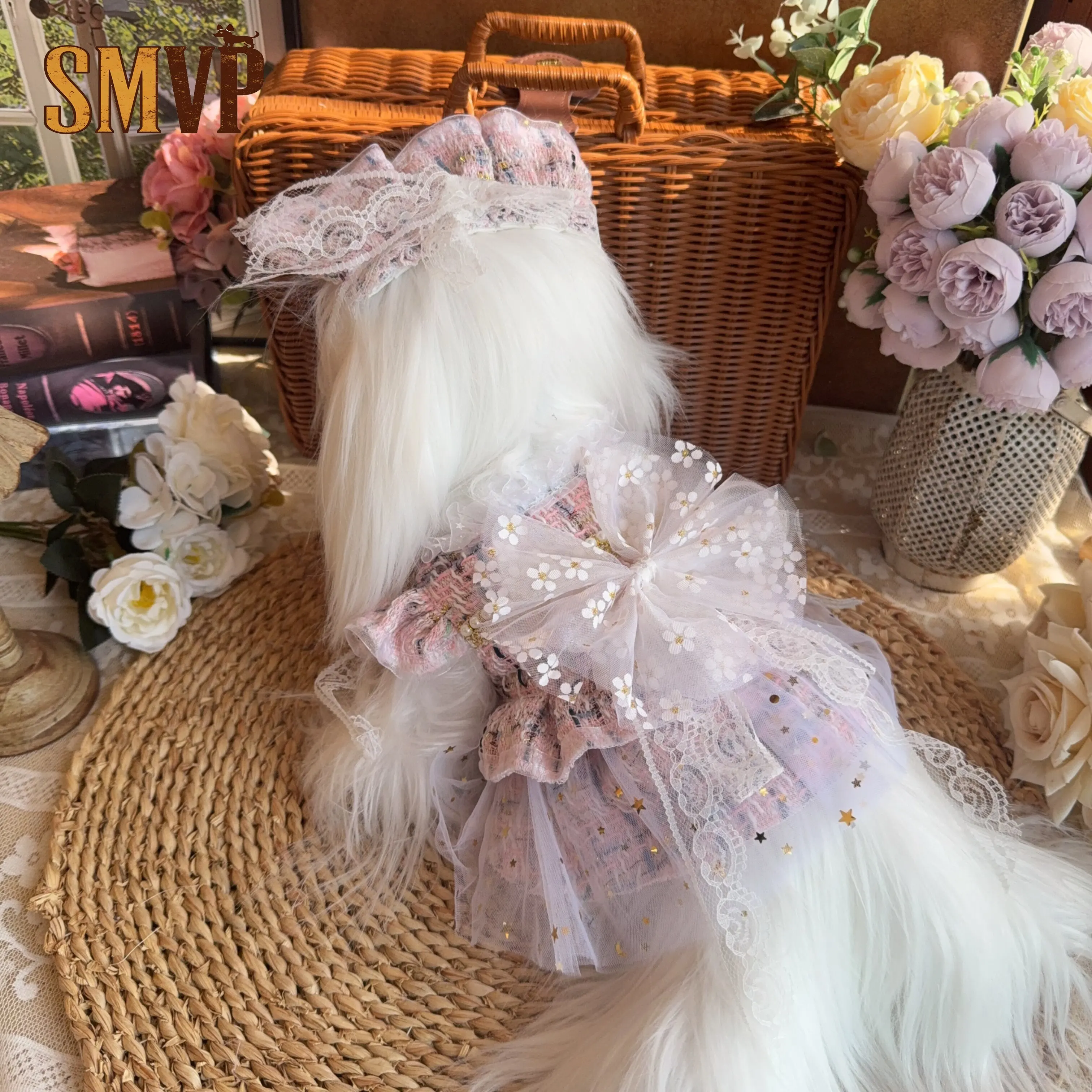 

Pink Blue Checked Coarse Knitted Fabric Splicing Lace Dress Gentle Lolita Dress Suitable for Kittens Small Medium Dogs