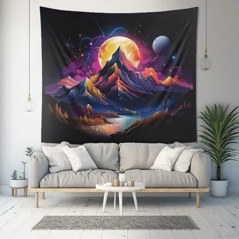 Moonlit Mountain Polyester Indoor Wall Tapestry Nature Design, Zen Psychedelic Aesthetic Decor, Bedroom, Living Room & Dorm Room